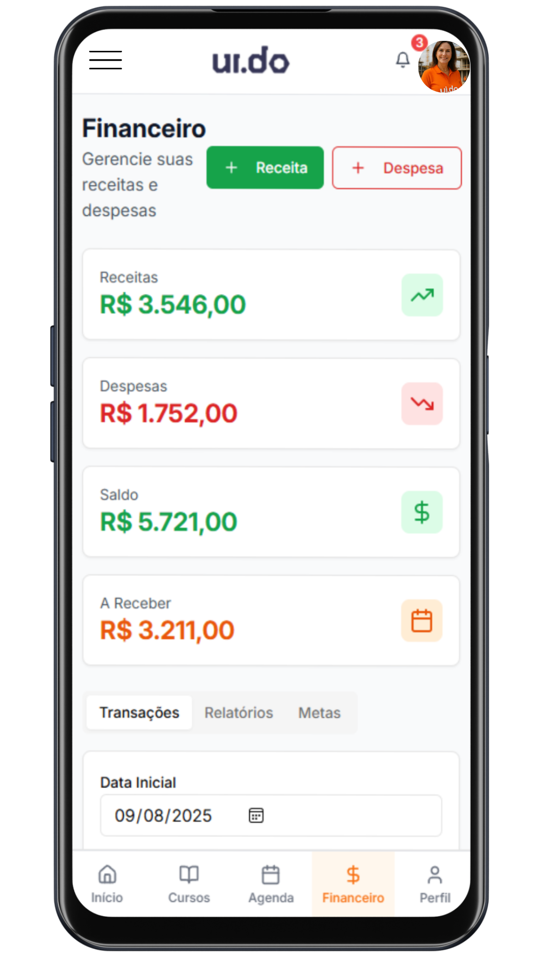Tela Financeiro do app UiDo para MEIs