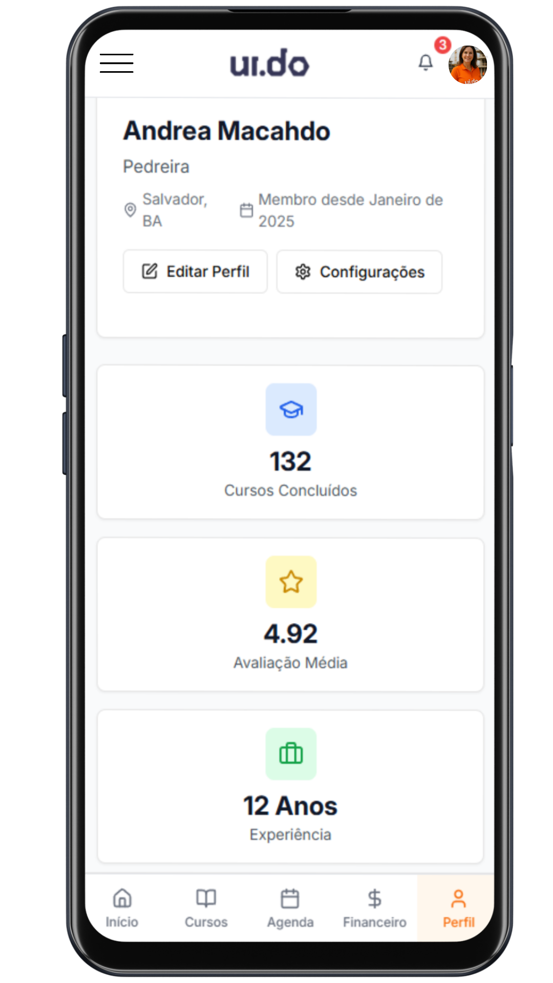 Tela Perfil Profissional do app UiDo para MEIs
