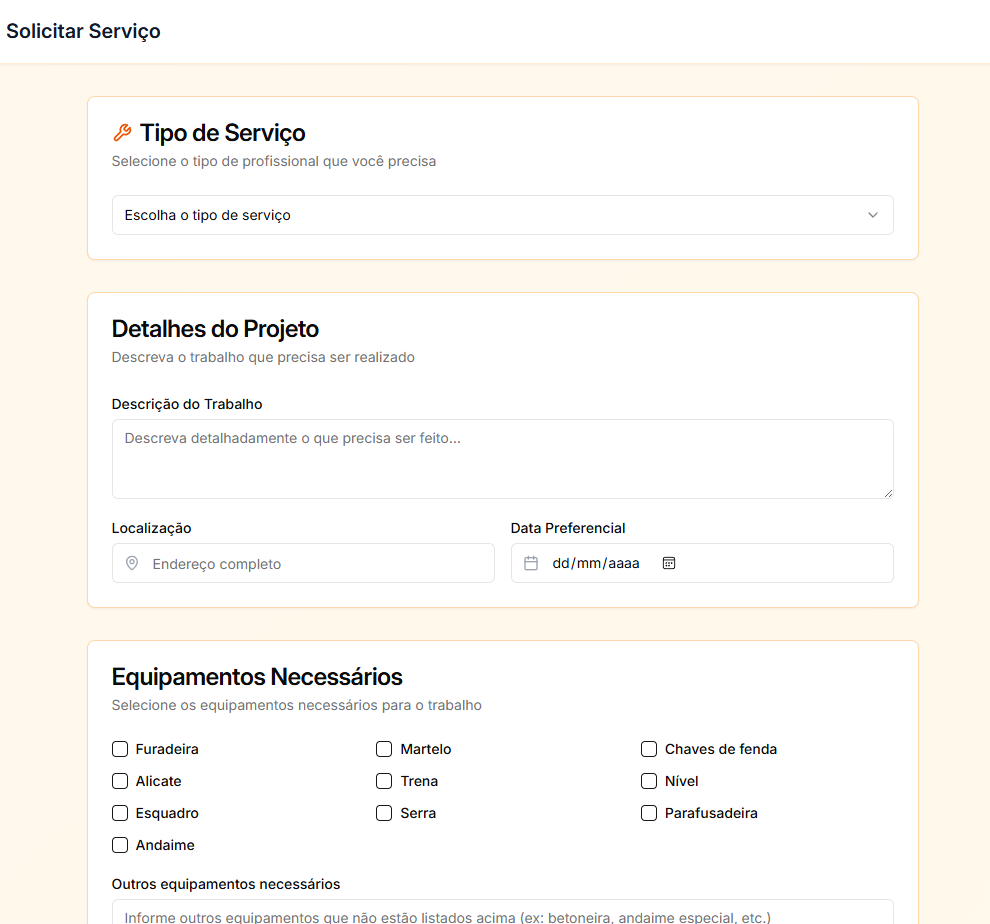 Tela Solicitar Serviço da plataforma web UiDo para empresas