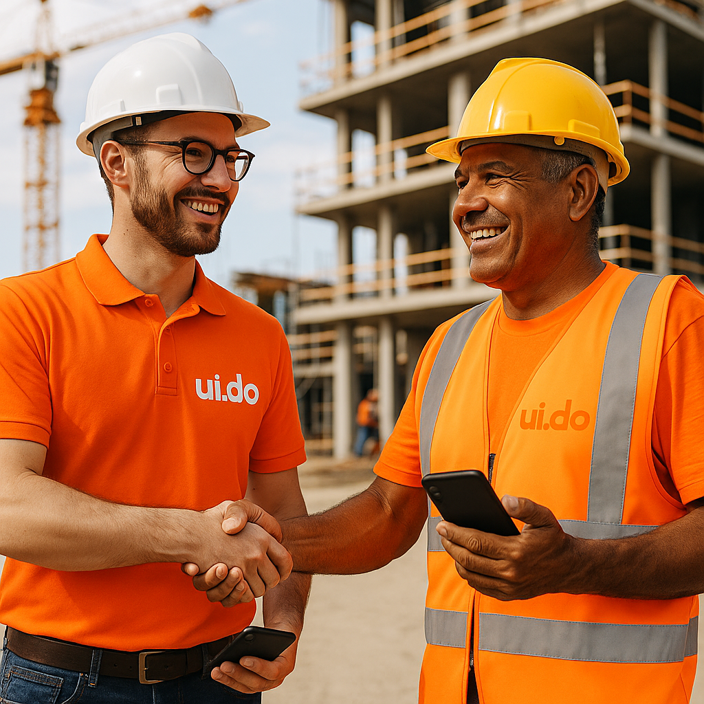Profissionais UiDo se conectando - representando a união entre diferentes níveis da construção civil